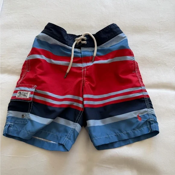 Polo by Ralph Lauren Red & Blue Striped Boys Swim Trunks with Floral Trunks Pair - Picture 3 of 3